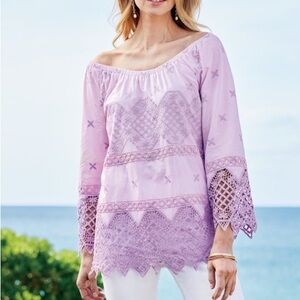 Soft Surroundings Pilar Top Purple/Lilac PXL Cotton Lace Detail Easter Spring
